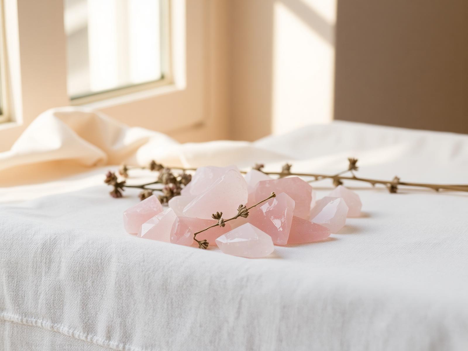 Rose quartz crystals on linen